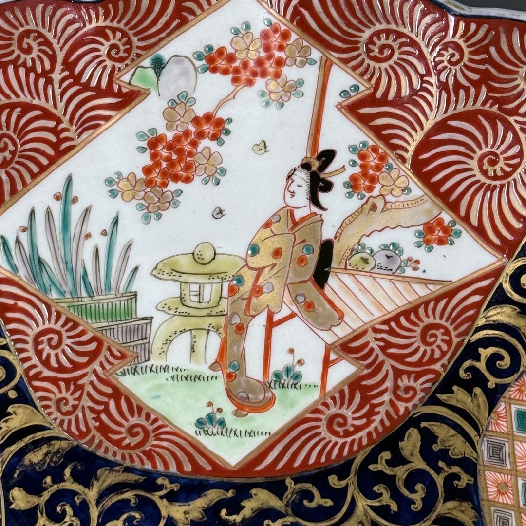 幕末〜明治期 赤絵 花籠文菊花形大皿 獅子牡丹 人物画 上手