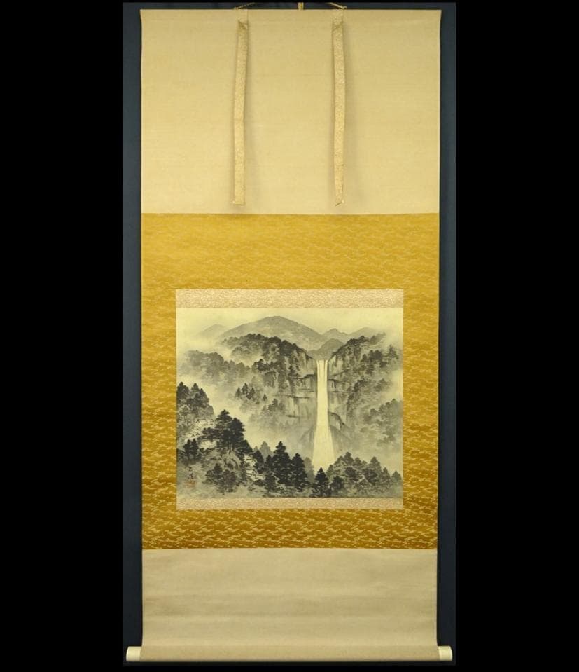 掛軸 生駒石渓『那智山 山水 瀑布』絹本 共箱 二重箱付 掛け軸 a073118