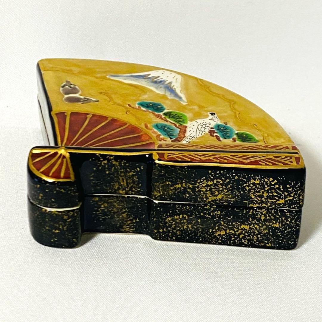 橋本城岳 造 色絵末広 香合 京焼 茶道 茶道具 陶器 小物入れ