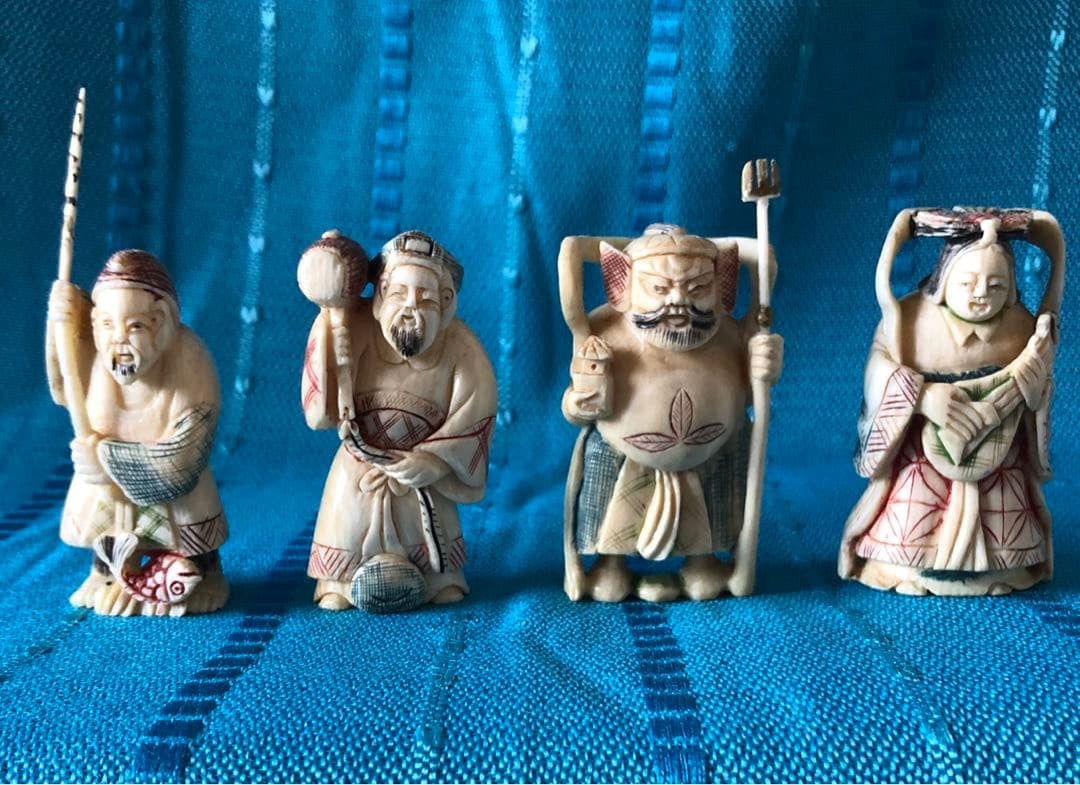 マンモス牙彫り七福神根付け置物