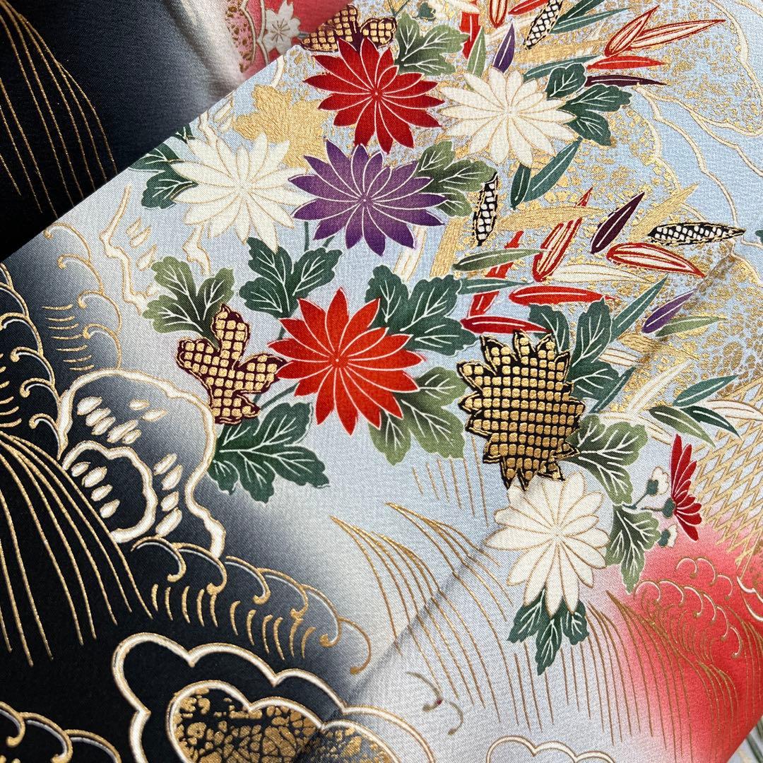 367 振袖フルセット 正絹 赤 レッド 黒 金彩 暈し染め 古典 風景 正統