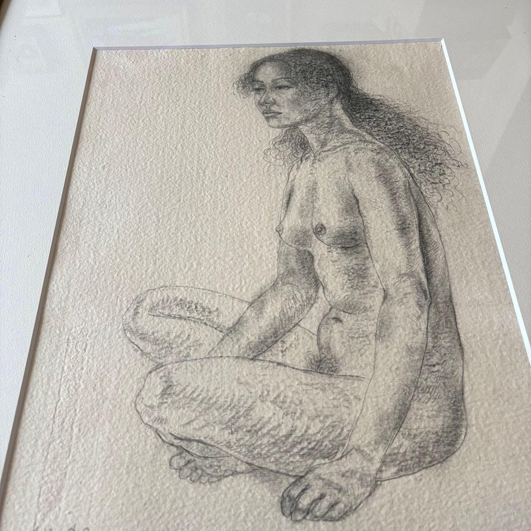 久野和洋「腰かける」デッサン 額装 裸婦 鉛筆画 E