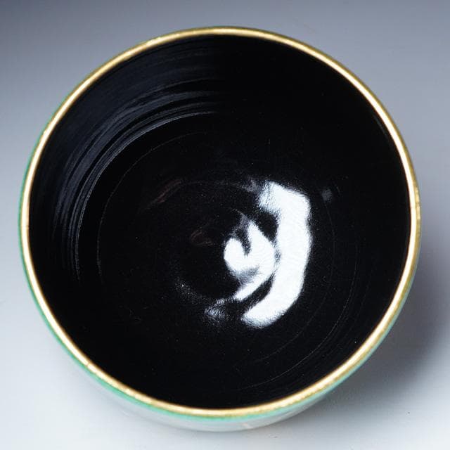 通次阿山青地松茶碗共箱茶道具京焼抹茶碗金銀彩