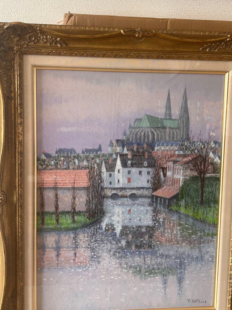 水辺の風景 油彩画 金色フレーム