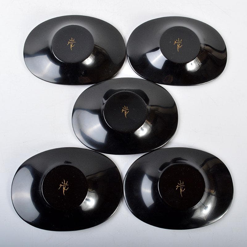 輪島塗　角野岩次　飛花沈金　小判形　茶托　おしぼり置き　2点　D　R4525