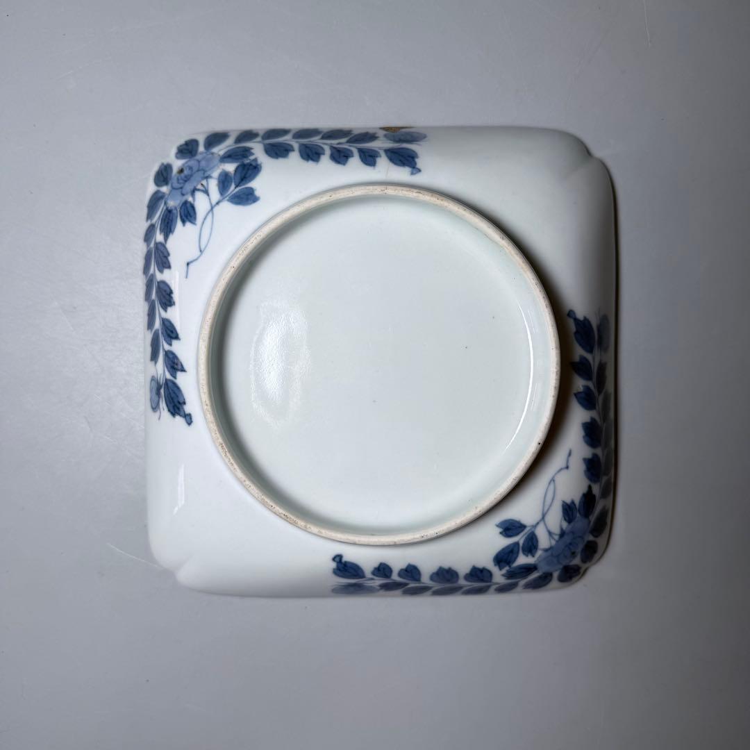 後期鍋島 江戸後期 染付楼閣山水図四方皿 共箱 緻密な絵