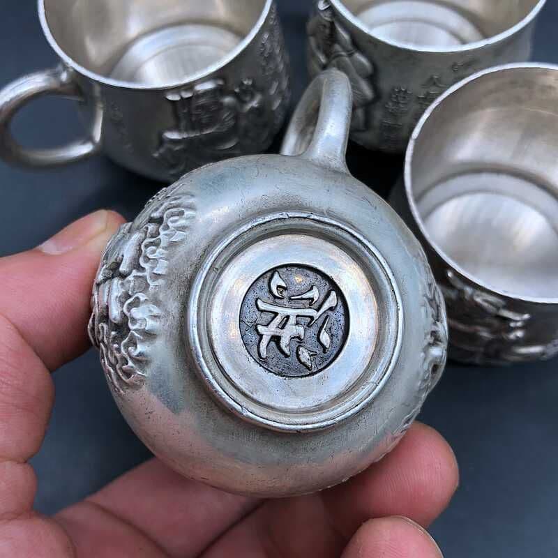 銅 細工 レリーフ八仙杯 ティーカップ 茶道具装飾品 工芸品 美術品 置物