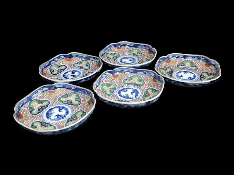 大聖寺伊万里 　毘沙門亀甲紋に松竹梅の図 縁高角皿　5枚　C775AS-BUj