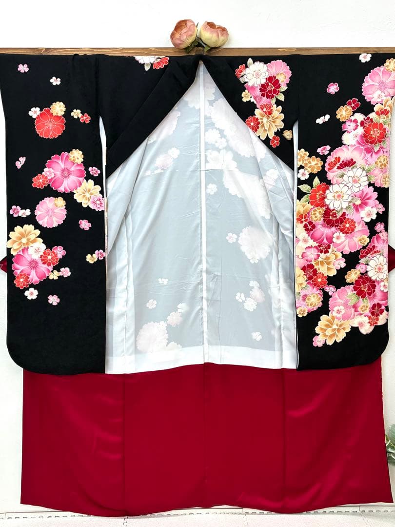 成人式 振袖フルセット 1131 正絹振袖 黒 花柄 格安！