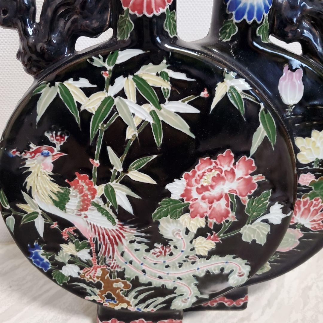 黒地陽刻花鳥文二口偏壺 大清雍正年製 740