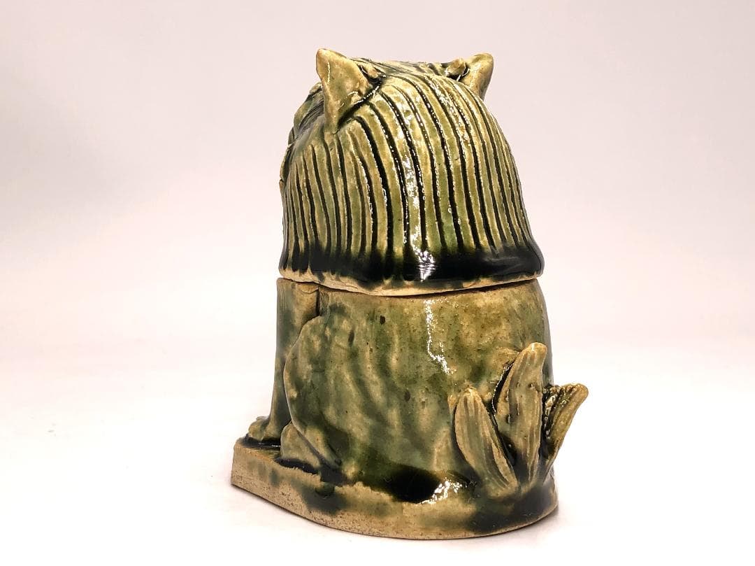 織部獅子香炉 】 骨董 漆塗箱付き