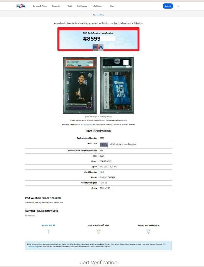 世界で1枚！ 大谷翔平 Topps now PSA10 パープルパラレル