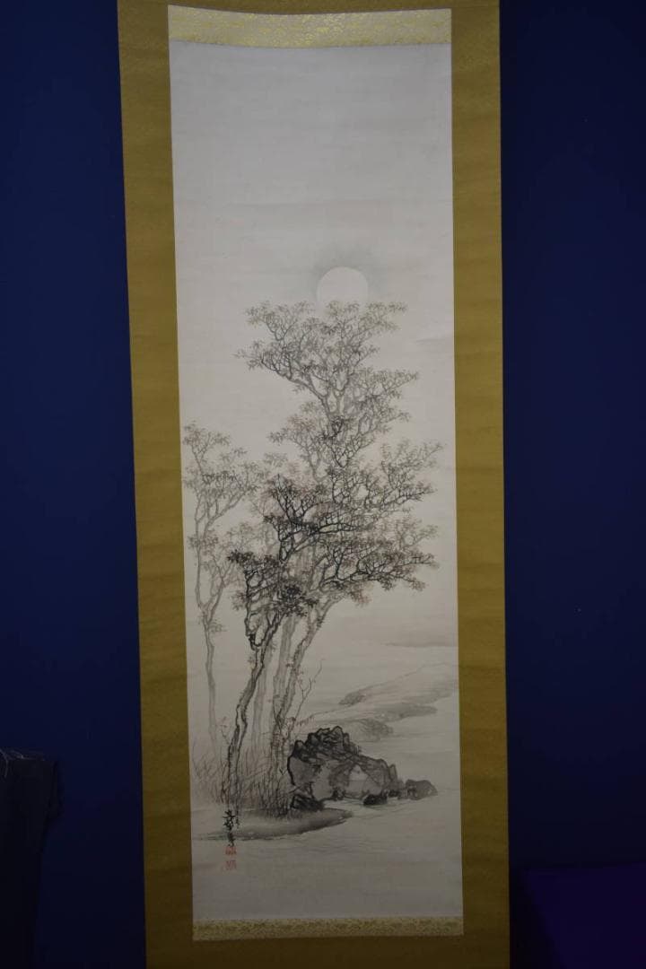 真作/文華/山水月下樹木図/秋月/布袋屋掛軸HI-940