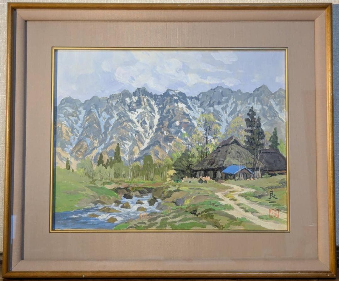 真作】絵画中島虎威日本画12号五箇山春雪共シール箱・黄袋入V70