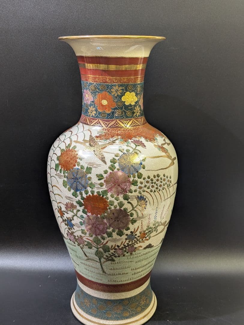 薩摩 錦風作 染錦花鳥図 飾壷 大花瓶 在銘 金彩 花瓶 壺 豪華絢爛 花詰