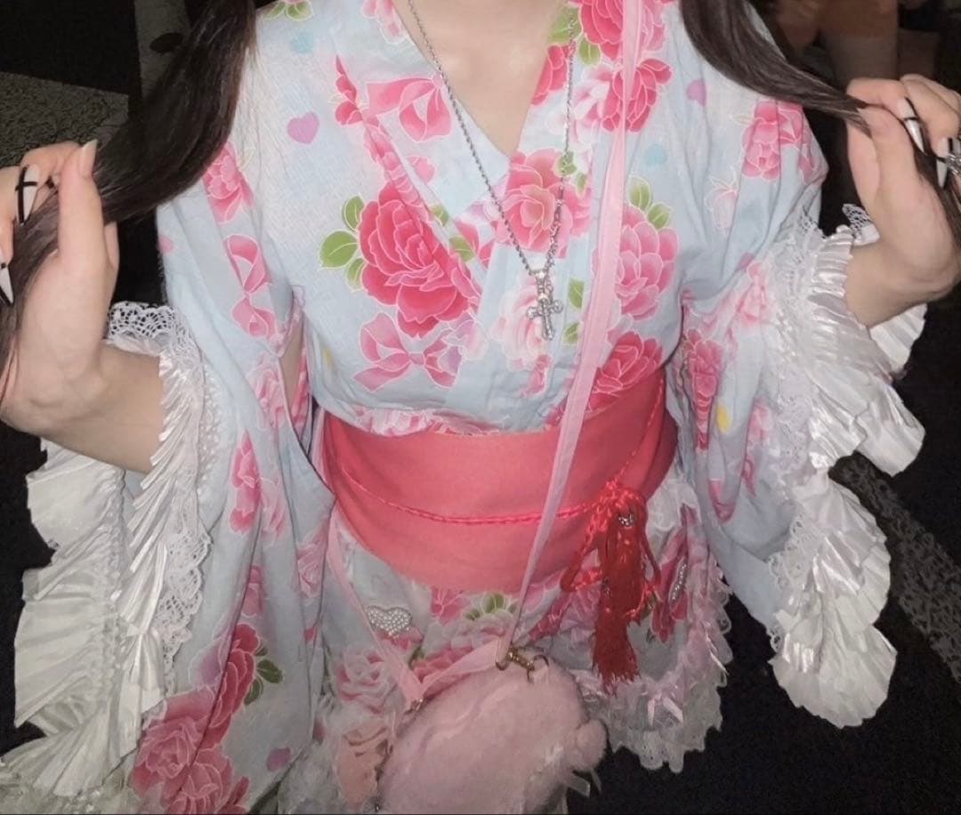 浴衣ドレス 水色 ピンク フリル 女児