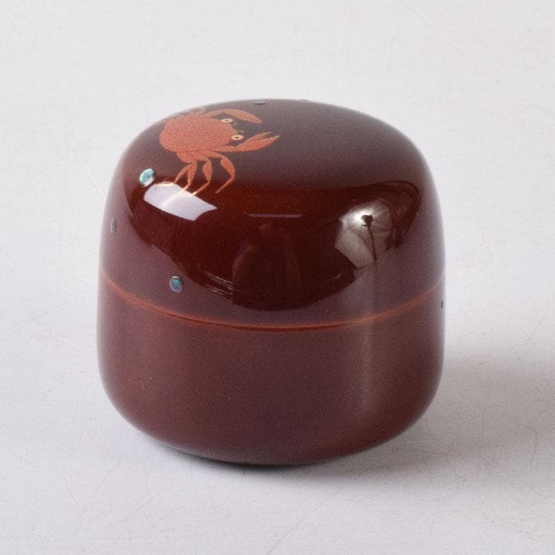 茶道具　山中塗　中嶋宗峰作　桜材　蟹蒔絵　下膨形香合　共箱　V　7507