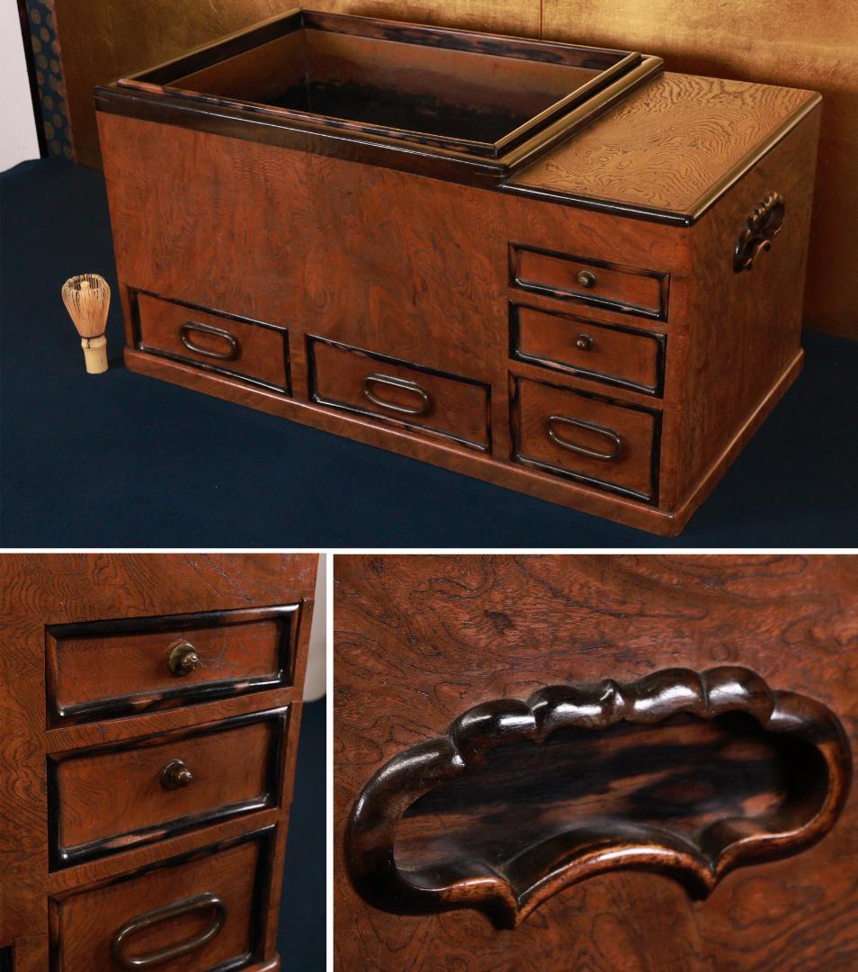 当時物 関東火鉢 欅 長火鉢 銅壺付き 欅 黒柿 猫板 時代家具