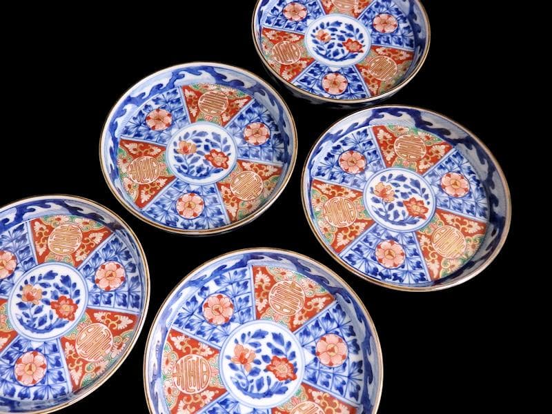 大聖寺伊万里　金襴手　割絵　寿に花の図　平皿 ４寸皿　５枚　143AS-DBd