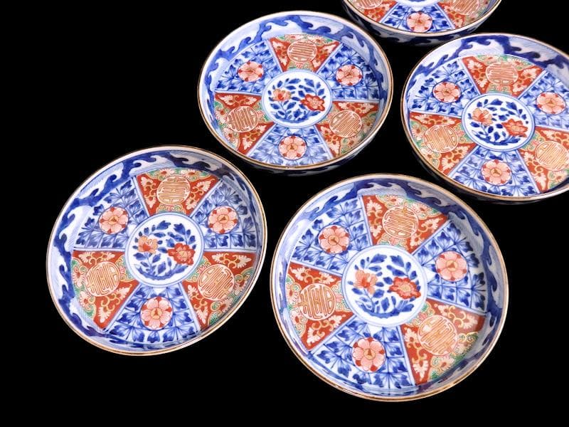 大聖寺伊万里　金襴手　割絵　寿に花の図　平皿 ４寸皿　５枚　143AS-DBd