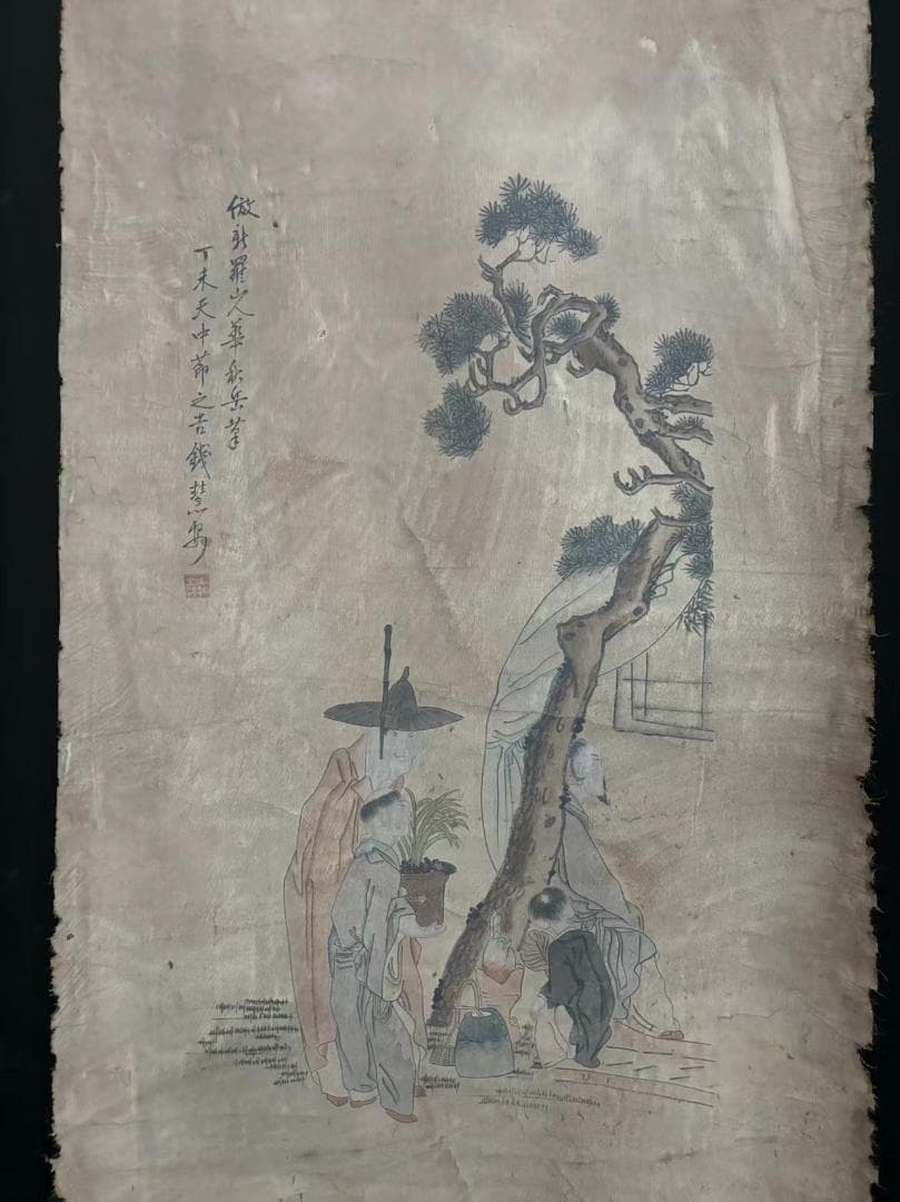 中国古美術 清代 錢慧安 人物と樹木の水彩掛軸 絹本 三尺