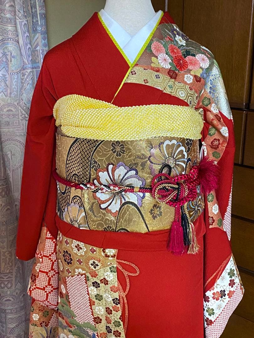 10572.振袖7点セット 正絹 成人式 袋帯 長襦袢 帯揚 帯締 伊達衿 半襟