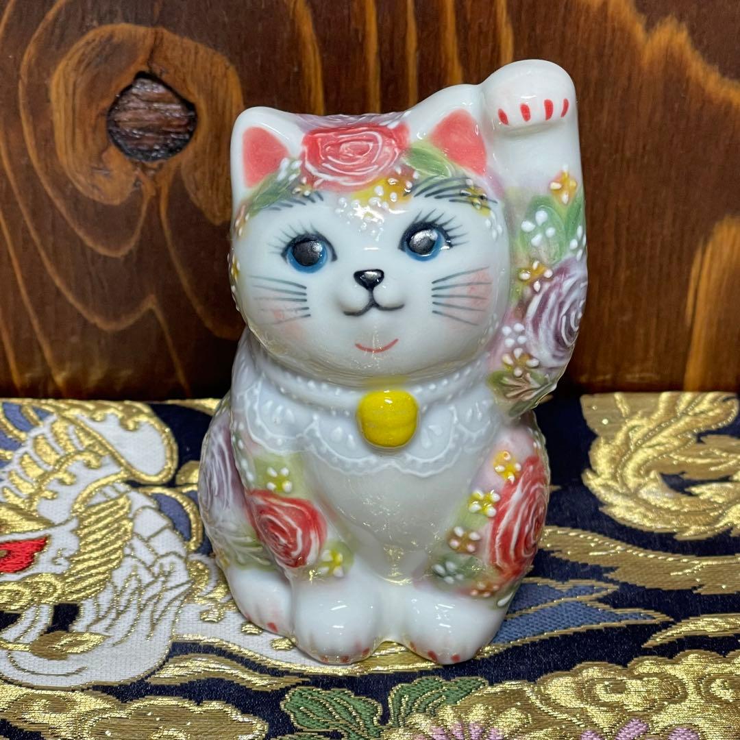 願いが叶う】九谷焼 タッチ猫 下野邦子作 イッチン 華盛り 作家 招き猫