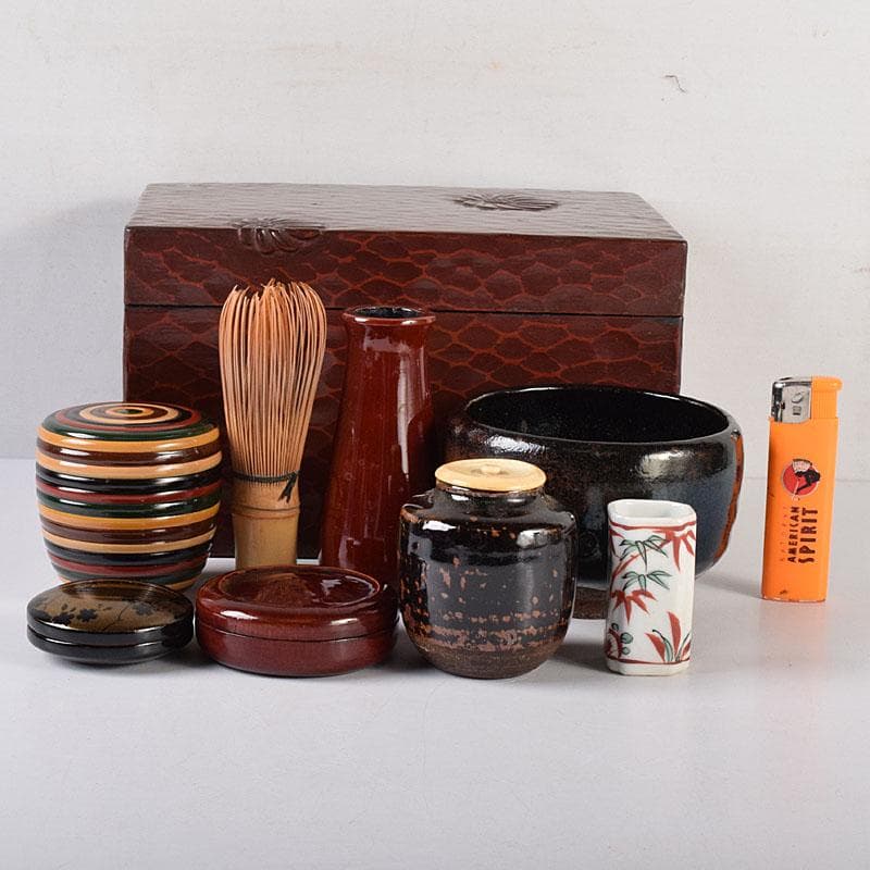 茶道具 鎌倉彫 利休茶箱 楽茶碗 棗 香合など 8点一式 袱紗付 V R8026