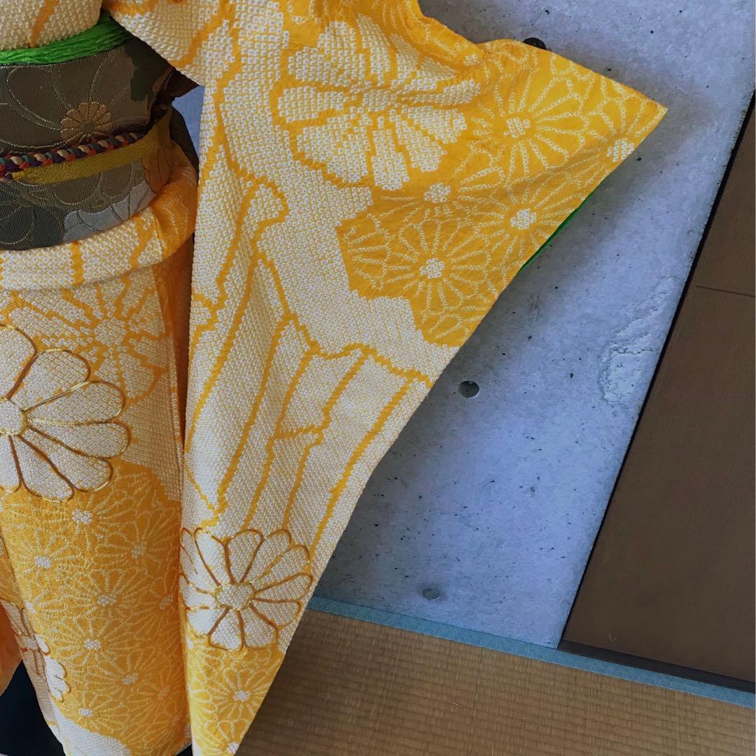 正絹 絞りの振袖 菊柄に金駒