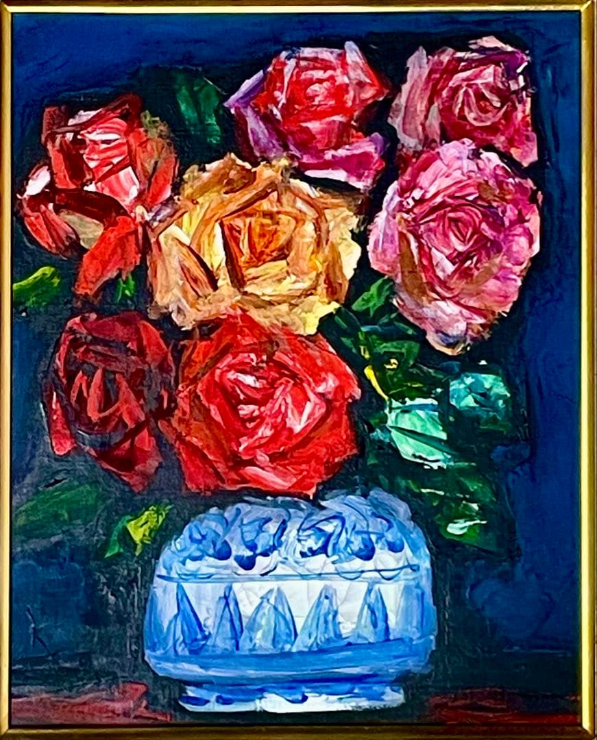 中川力　真作「ばら」 油彩3号　薔薇図傑作　表サイン　裏面に題名・署名