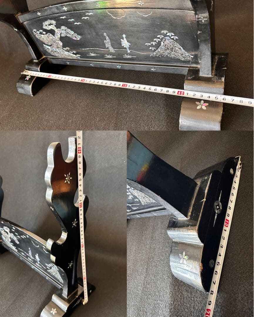 時代物 黒漆塗 螺鈿細工山水人物図 刀掛け 3本掛 高さ約42cm 螺鈿細工