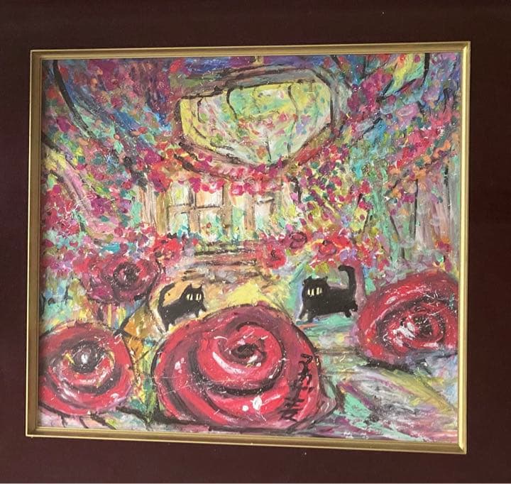 原画【夜はバラの花でロマンチックで宮殿でデートする黒猫2匹】