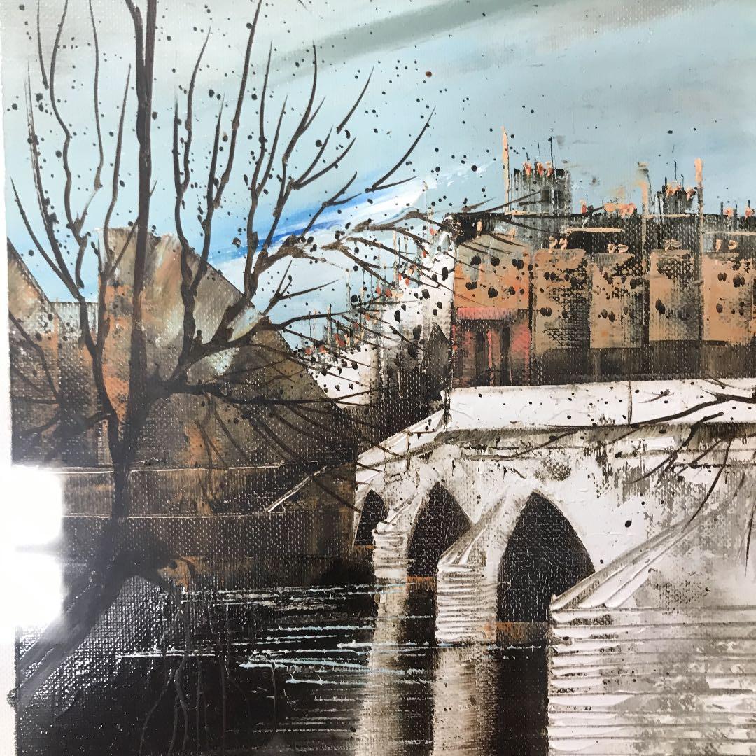 油彩画　パリ　セーヌ河ポンマリー橋　宮腰　潤