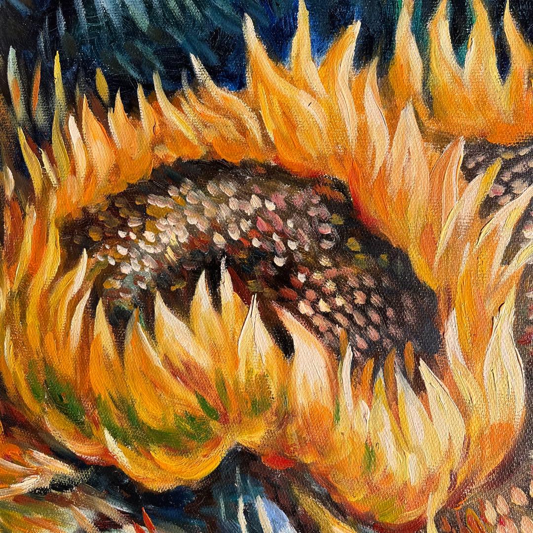 ☆秀作☆ （大）手書き油絵 ゴッホ 4本の切ったひまわり 肉筆絵画 額付