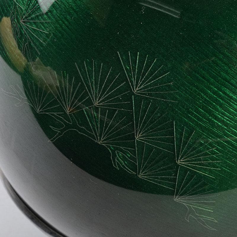 七宝焼 相互七宝謹製 緑透釉 松文 花瓶 唐木台付 共箱 M R9393H