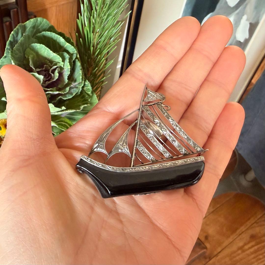 アンティーク帯留　帆船　綺麗な彫り　大正ロマン