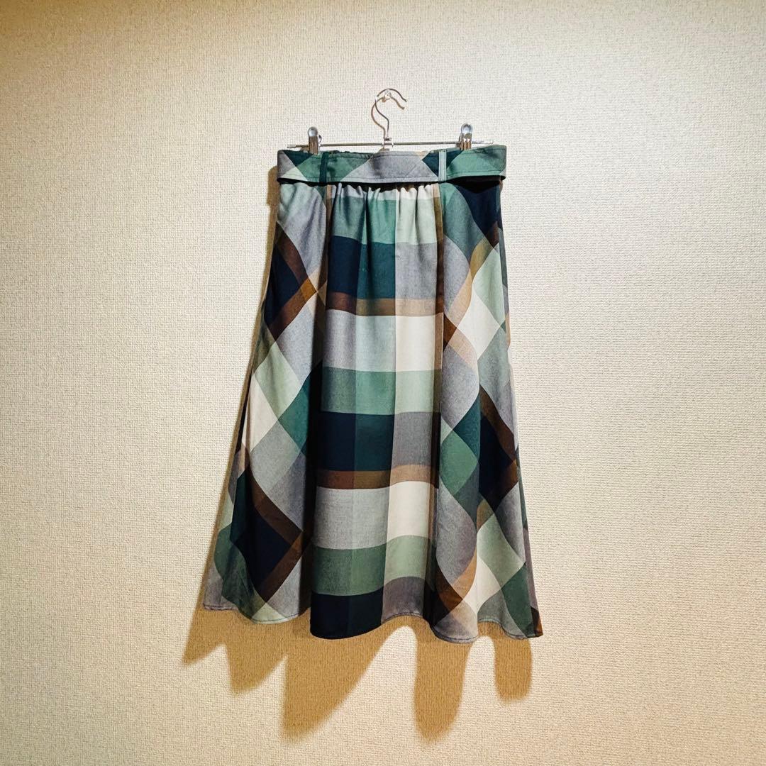 ブルーレーベル｜緑チェック フレア ベルト Aライン ミモレ 秋冬 大人可愛い