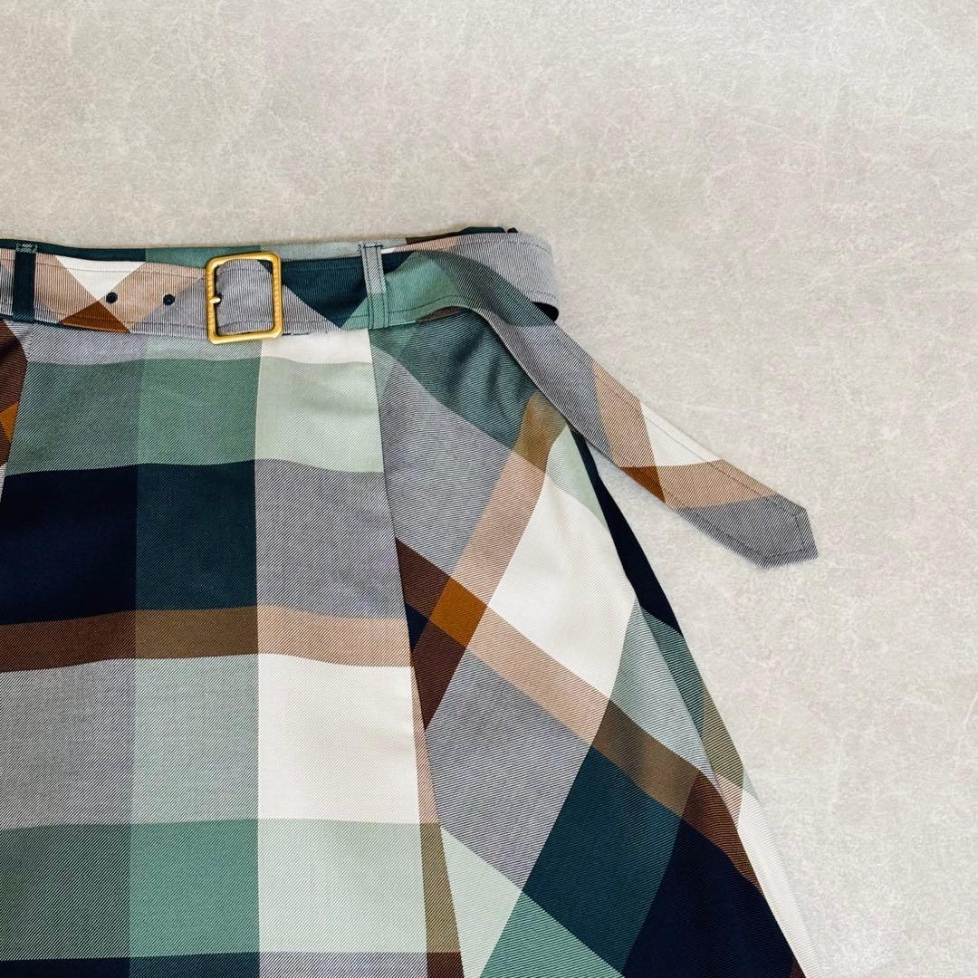 ブルーレーベル｜緑チェック フレア ベルト Aライン ミモレ 秋冬 大人可愛い