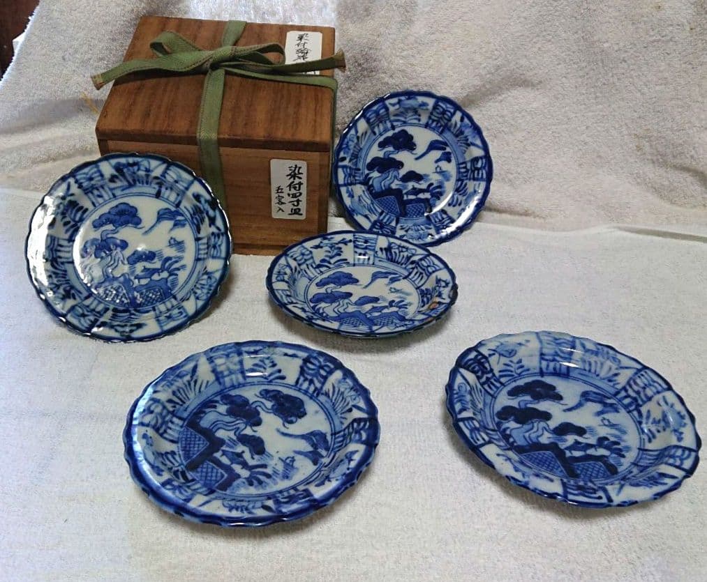 古伊万里染付輪花4寸皿5客A478