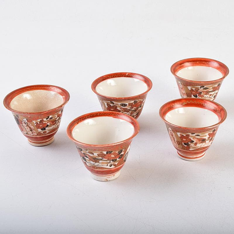 九谷焼 古九谷 赤絵金彩 人物花文 煎茶碗 五客 時代箱付 U