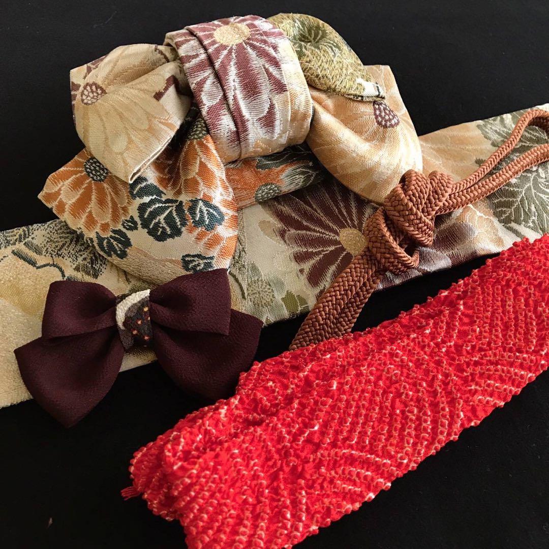 市松人形 15号 縮緬 アンティーク 着物 帯 ＊ 菊