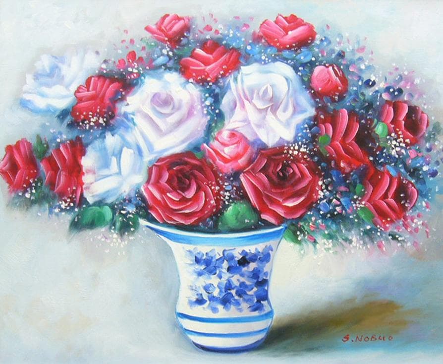 絵画 油絵 作者不詳 肉筆油絵 静物画 薔薇の花と花瓶 F10