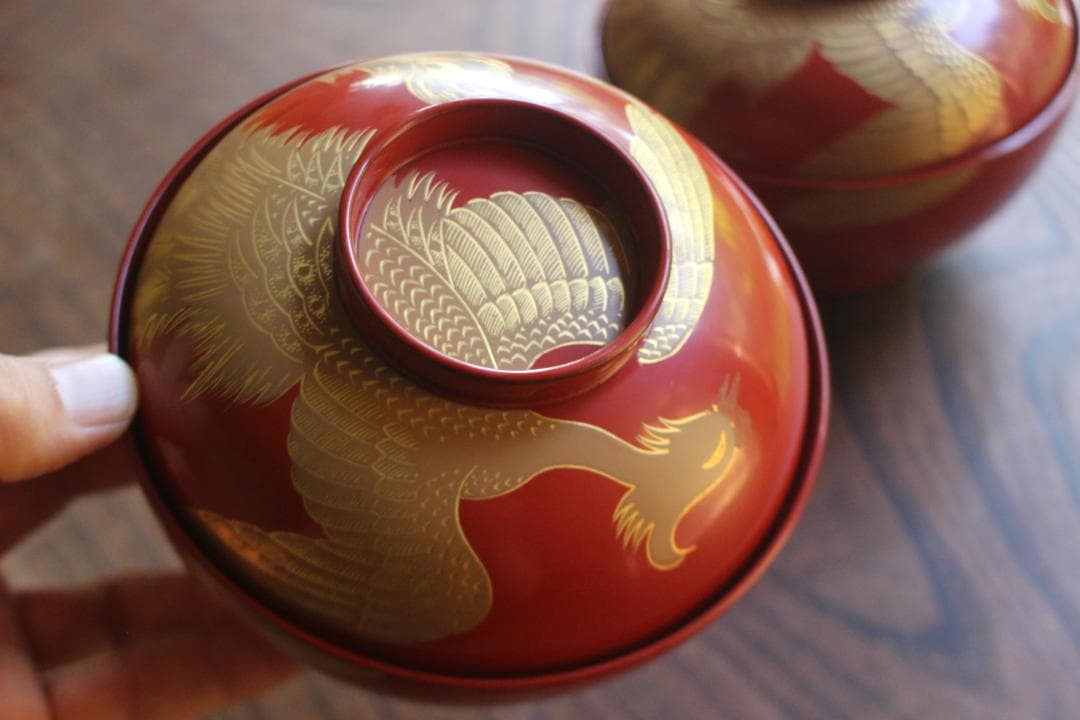 時代逸品！上質朱漆に極上鳳凰沈金蒔絵の映える大椀2点（検輪島塗雑煮椀煮物椀