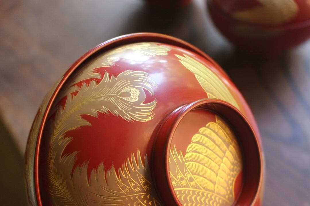 時代逸品！上質朱漆に極上鳳凰沈金蒔絵の映える大椀2点（検輪島塗雑煮椀煮物椀
