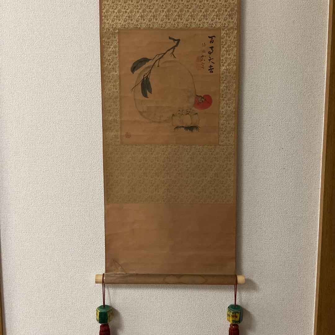 水田竹圃在銘 色紙掛軸 百日大吉 軸先骨 保存状態経年劣化 色褪せ有り。