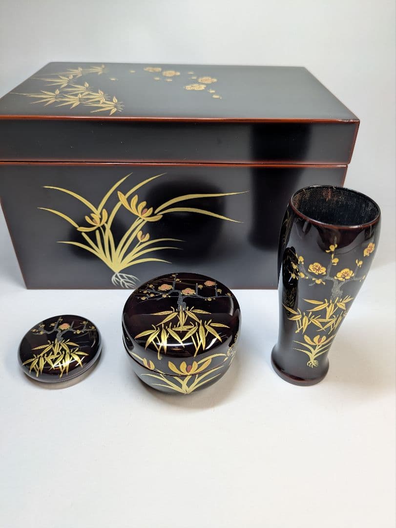 茶箱 梅笹文様 茶道具 平棗 茶せん筒 香合 骨董 光琳蒔絵 輪島塗