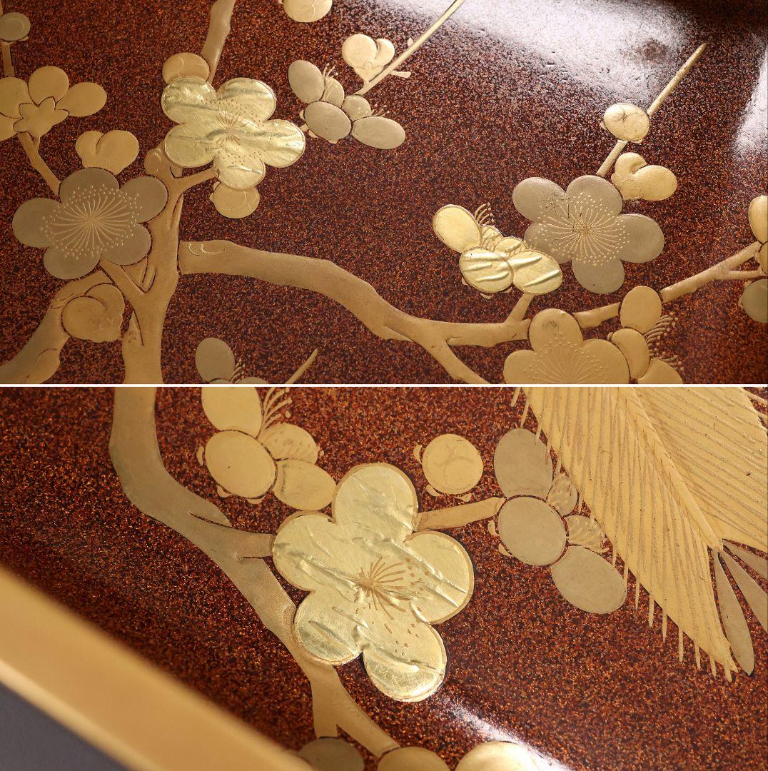 【MA797】時代木製漆器 梨子地 松梅・桔梗唐草 金蒔絵 呉服蓋 広蓋 広盆