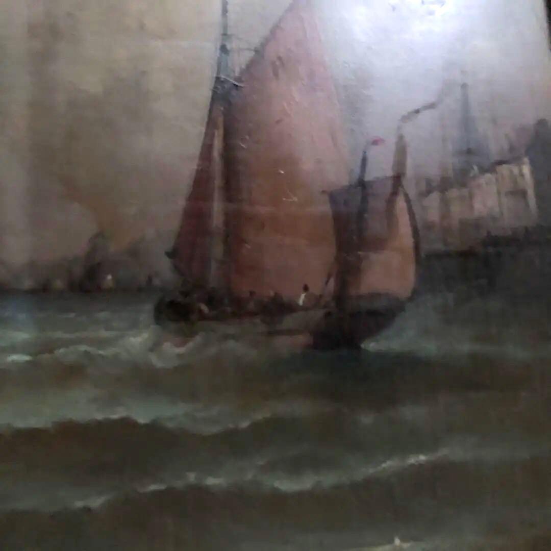 【美術品】18-19世紀フランス洋画「出帆」56×47cm サイン