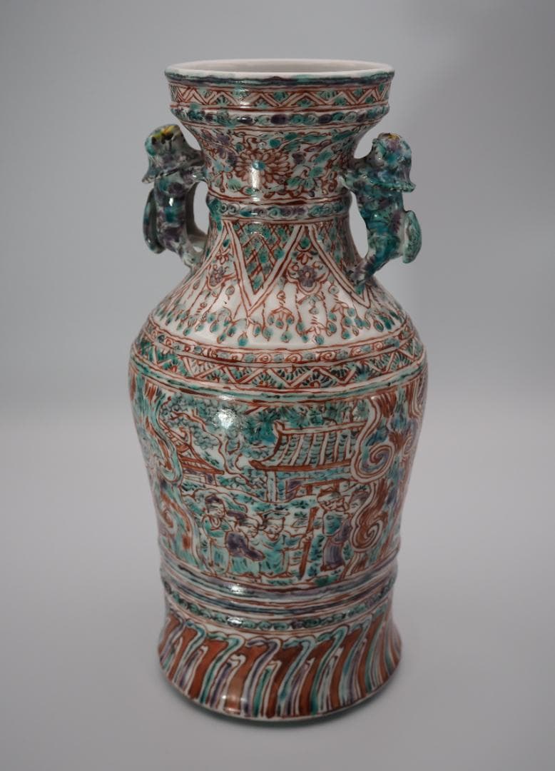 五代清風与平造 赤絵彩色群仙画 花瓶 共箱 共布