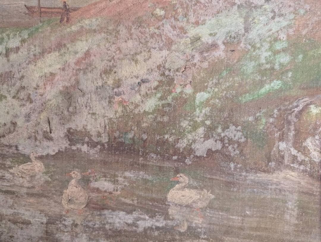 【真作】絵画　油彩12号　風景画　春の里山　桜咲く古民家の風景　U84